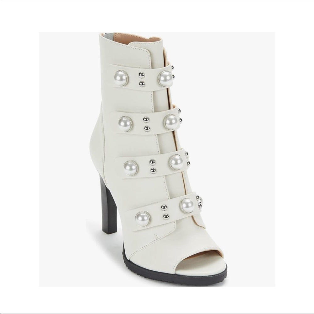 KARL LAGERFELD White Embellished Brayden Stiletto Leather Booties NWT